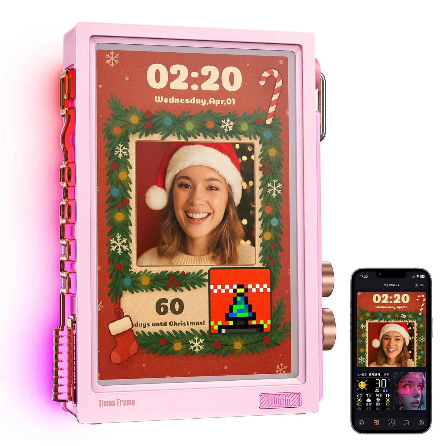 Divoom Times Frame-WiFi Transparent Digital Photo Frame 10.1" 64GB, Photo & Video Sharing (No Subscription or Fees), Easy to Use, 400+ Clock Faces, Digital Calendar, Gift for Friends & Family Pink