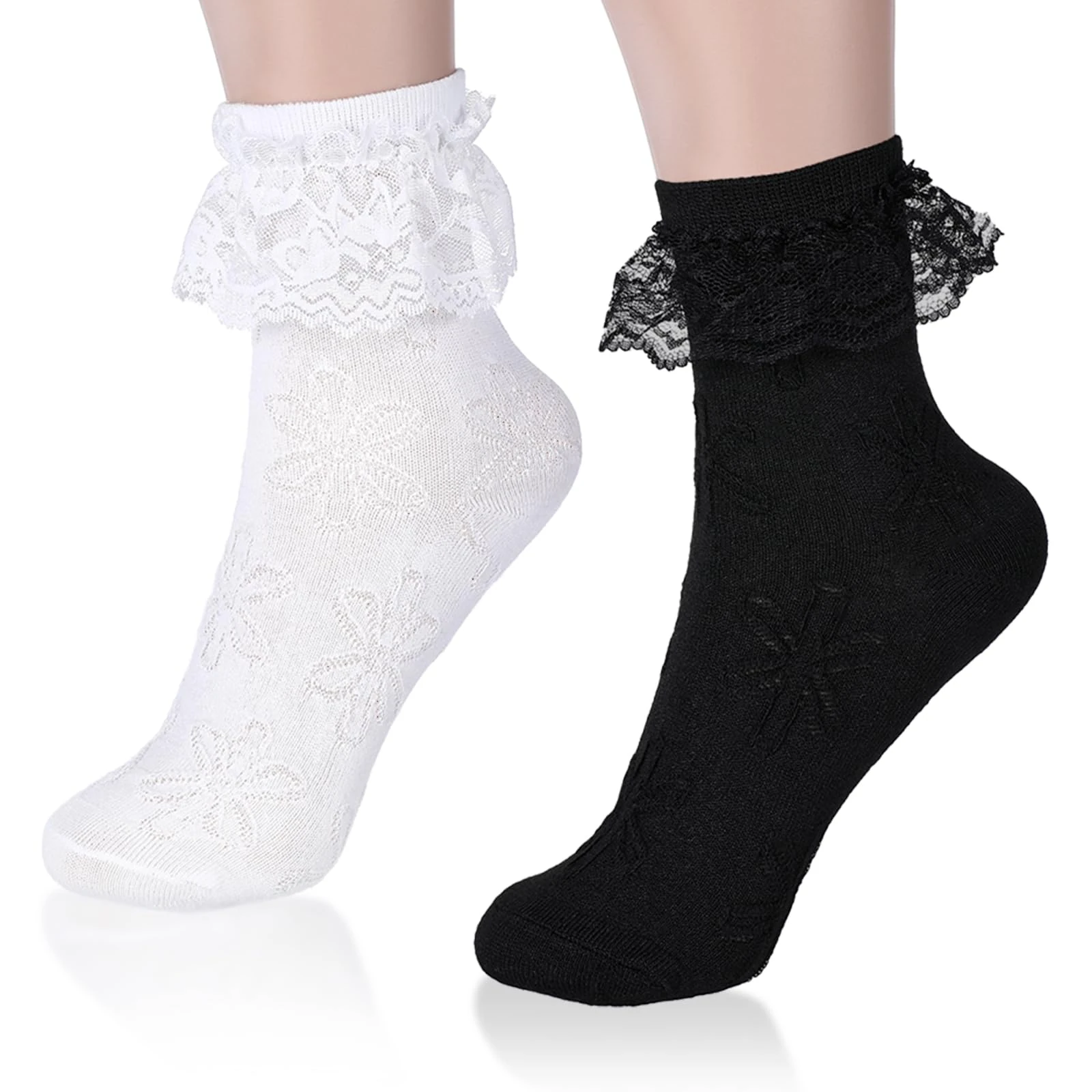 2pairs White Frilly Socks Women Turn-Cuff Lace Ruffle Ankle Sock Comfortable Cotton Princess Socks