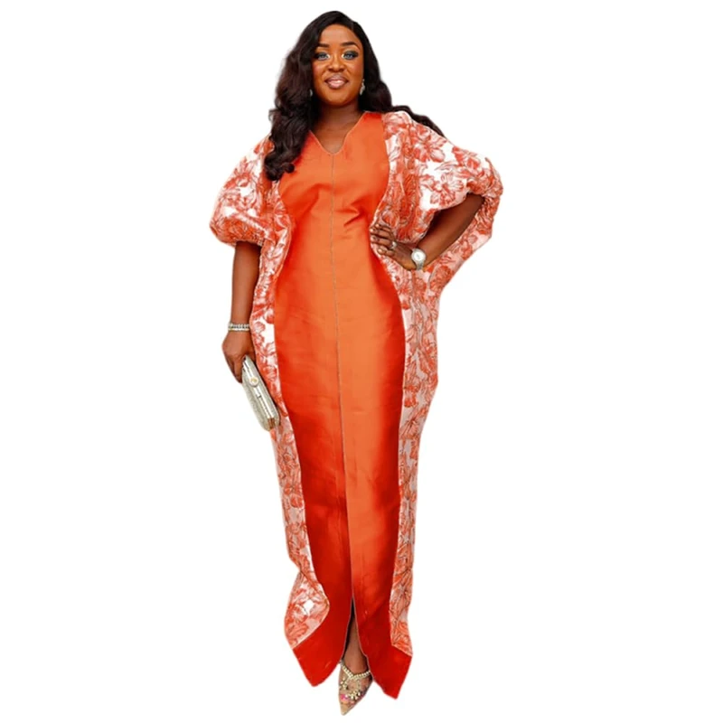 HD Women's Sequin African Bubu Dress Front Slit Stylish Plus Size Gown, Orange, One Size