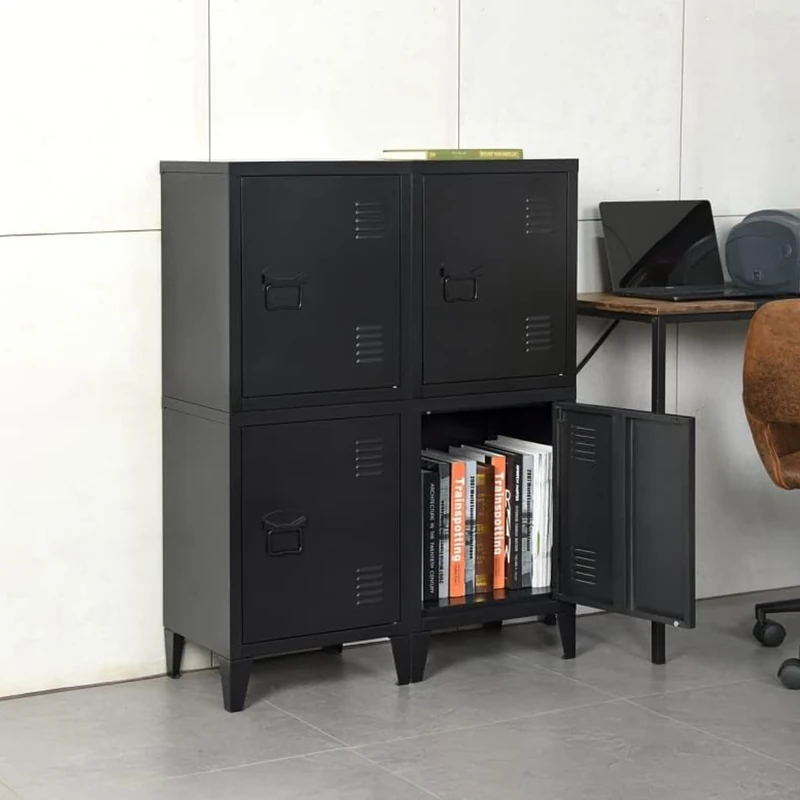 FurnitureR Black Storage Cabinet, Industrial Style, Metal Construction with Removable Shelf, Home Office Organization, Space-Saving Design