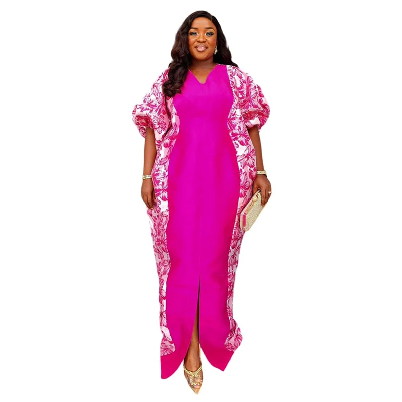 HD Women's Sequin African Bubu Dress Front Slit Stylish Plus Size Gown, Rosered, One Size - Image 1