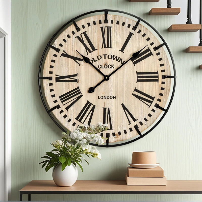 EMAX HOME Rustic Farmhouse Wall Clock 24 Inch, Vintage Oldtown London Wooden Large Clock with Silent Tick, for Bedroom, Office, Kitchen, Indoor Home Decoration