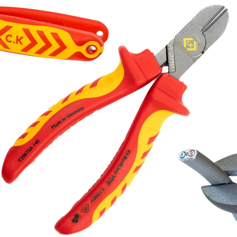 C.K Redline 2025 Edition VDE Cable Cutters 140mm, German Made Electrical Insulated Wire Side Cutter, Lanyard Ready Heavy Duty Croppers for Electrician, Electricians Snips, CK Tools T39075A 140