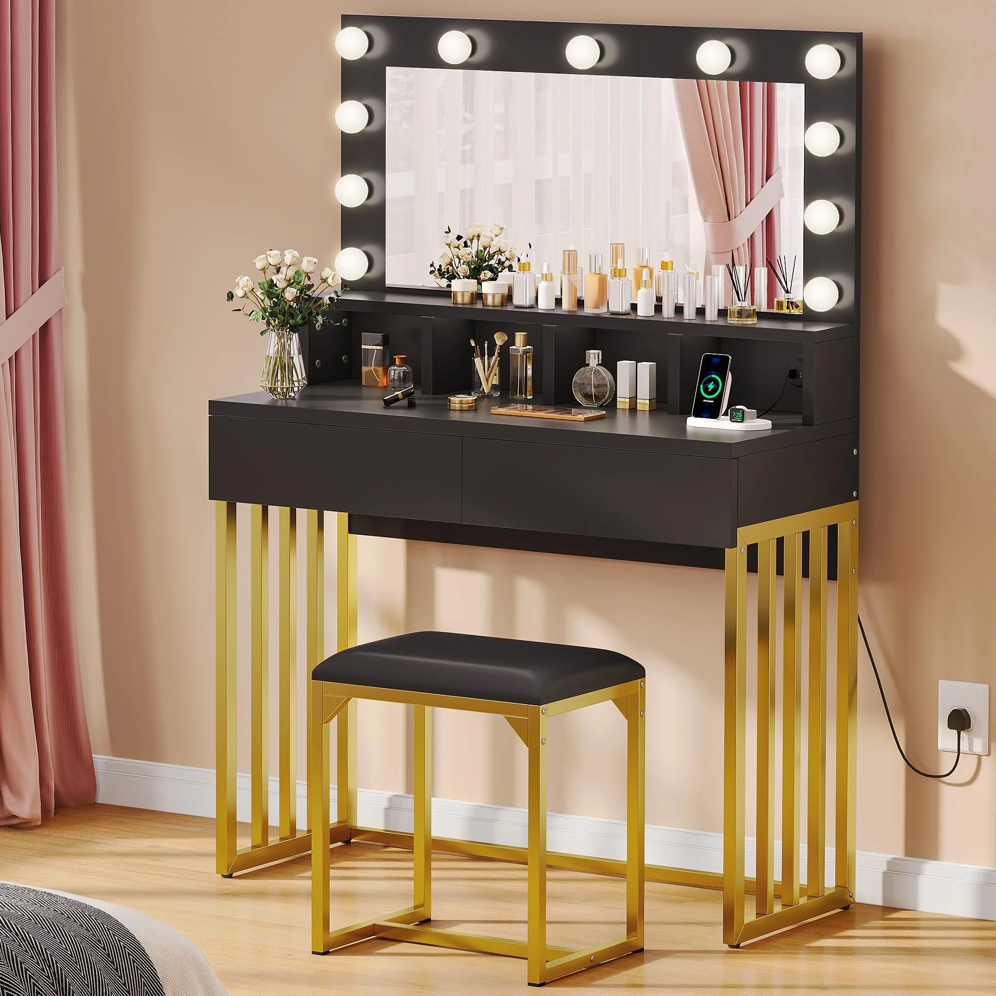 YITAHOME Dressing Table with Mirror and Stool, Vanity Table with 2 Drawers Hollywood LED Lights, Adjustable Brightness Vanity Makeup Table Makeup Desk with Metal Legs Bedroom Dressing Tables, Black