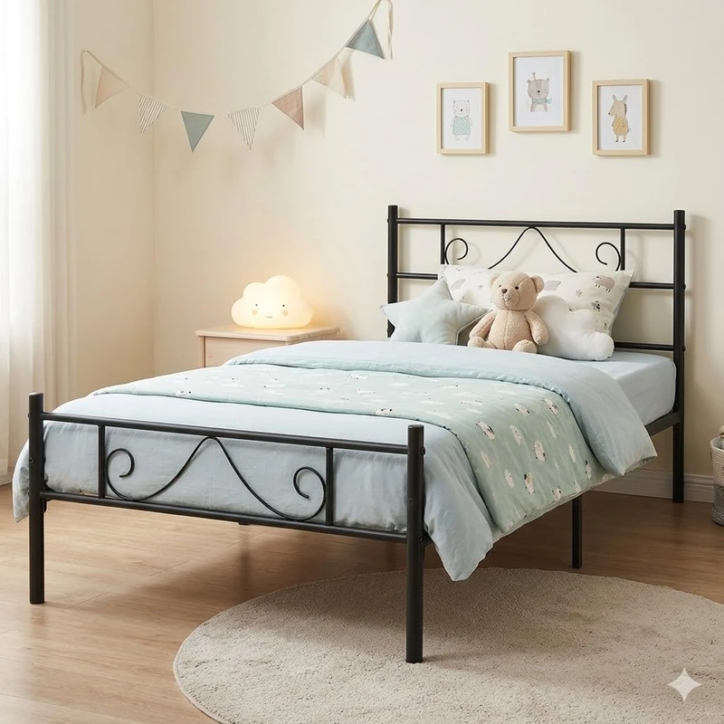 FurnitureR Childrens Bed 3ft Single Bed Frame for Kids Boys Girls,Sleek Appeal Design,Easy Assembly,No Box Needed,Fit for 190x90 Mattress,Beard Design,Black - Image 1