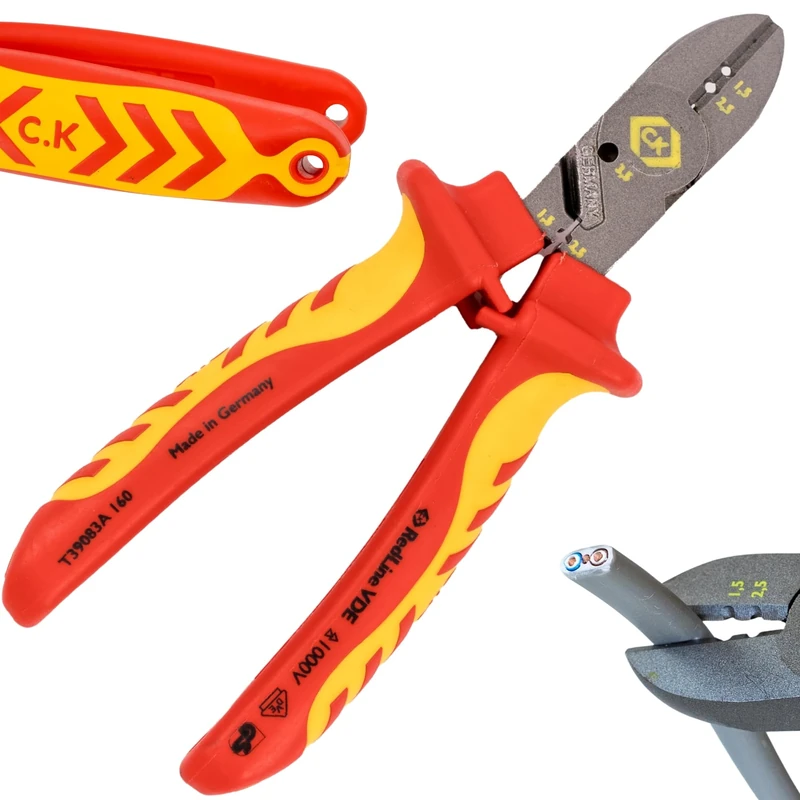 C.K RedLine 2025 Edition VDE CombiCutter 3, 160 mm German Electrical Wire Cable Side Cutter, Stripper, Bender and Screw Shear, Heavy Duty Electrician Croppers, Electricians Snips, CK Tools T39083A 160