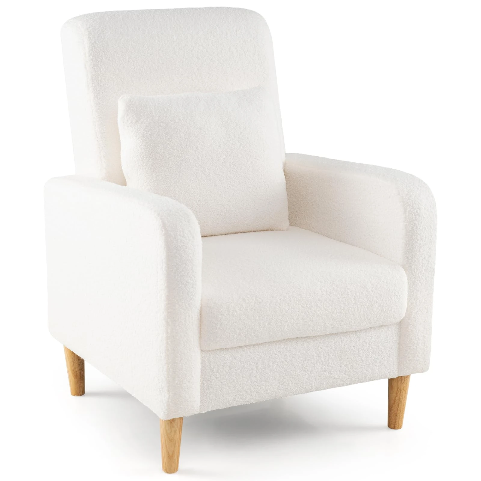 COSTWAY Teddy Fleece Accent Chair, Modern Upholstered Lounge Armchair Single Sofa Chair with Pillow, Rubber Wood Legs Fireside Occasional Seat Comfy Reading Armchair for Living Room Bedroom, White