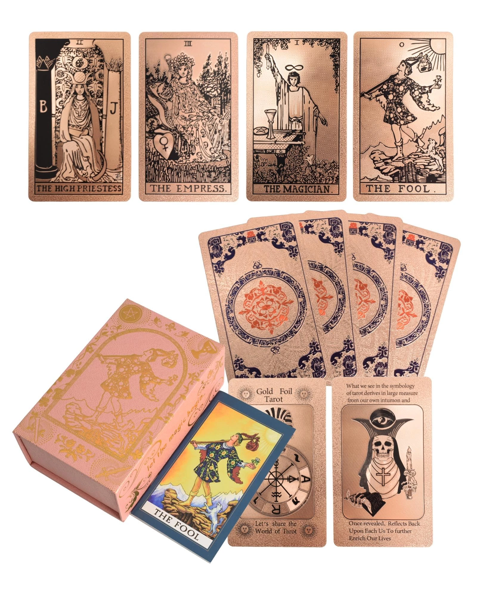 YIMINGOUFEI English Vintage Gold Foil Tarot Deck, 78+2 spare cards, with 36-page English color guide, PVC frosted holographic bold printing, waterproof design, suitable for collectors