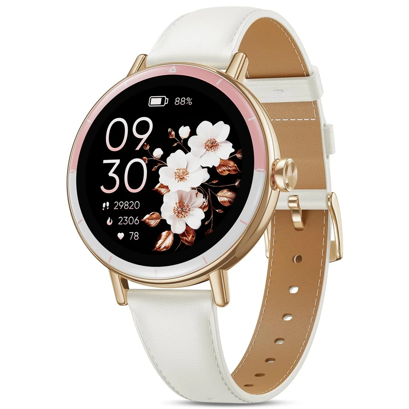 TIFOZEN Smart Watch for Women, 1.27'' HD Display Ladies Round Fitness Watch with Heart Rate/Sleep/SpO2/Menstrual Cycle Monitor, 100+ Sport Mode, IP68 Waterproof for Android iOS, Pearl White/Gold