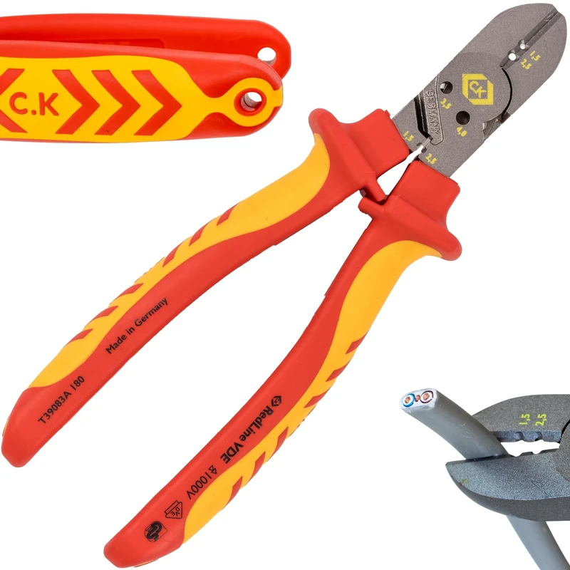 C.K RedLine 2025 Edition VDE CombiCutter 3 MAX, 180 mm German Electrical Wire Cable Side Cutter, Stripper, Bender, Screw Shear, Heavy Duty Electrician Croppers, Electricians Snips CK Tools T39083A 180