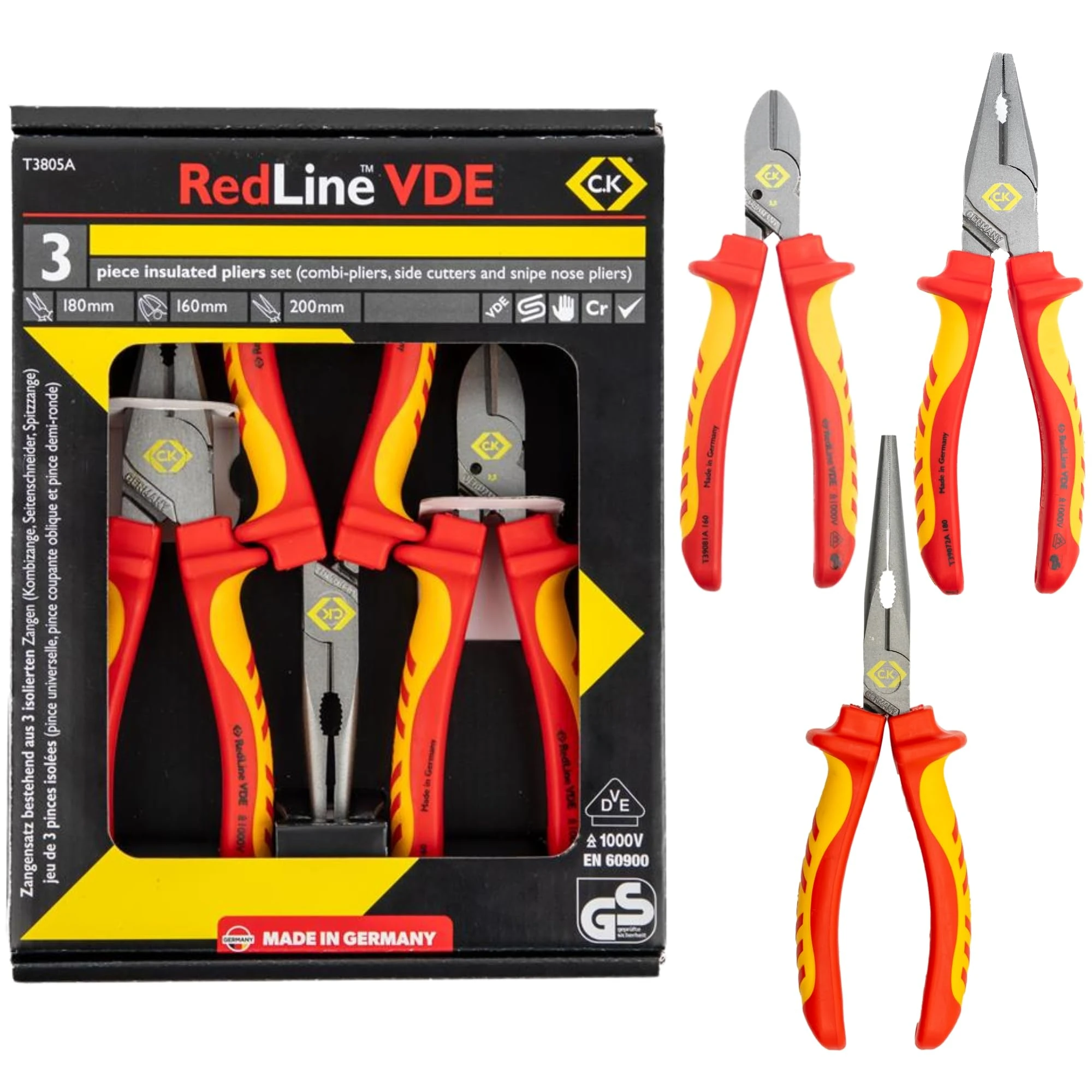 C.K Redline 2025 Edition VDE 3pc Set Pliers & Cable Cutters Kit, German Electrical Insulated Combination Plier, Snipe Nose & Combi Wire Cutter, Electrician Croppers, Electricians Snips CK Tools T3805A