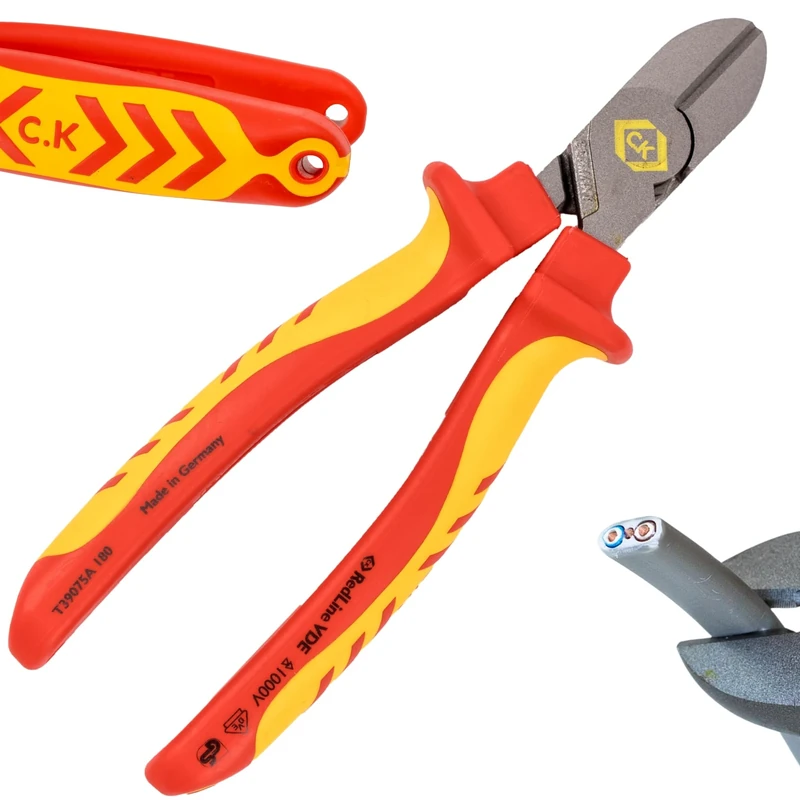 C.K Redline 2025 Edition VDE Cable Cutters 180mm, German Made Electrical Insulated Wire Side Cutter, Lanyard Ready Heavy Duty Croppers for Electrician, Electricians Snips, CK Tools T39075A 180