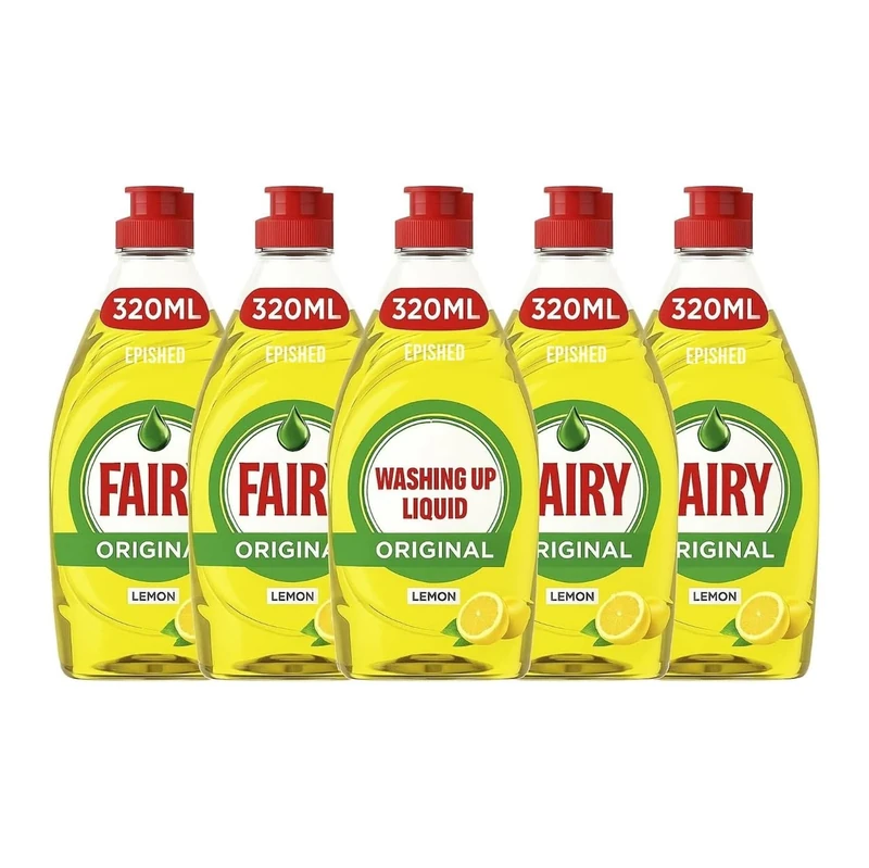 5 X Fairy Lemon Washing Up Liquid 320ml Bottles Powerful Grease-Cutting Dishwashing Liquid Concentrated Formula Long-Lasting Fresh Scent Gentle on Hands Kitchen Cleaning Essential