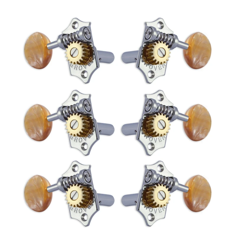 Grover H97-18CAA Original Sta-Tite Machine Head with Acrylic Amber Button and 18:1 Gear Ratio, Horizontal - Guitar Machine Heads, 3 + 3 - Chrome - Image 1