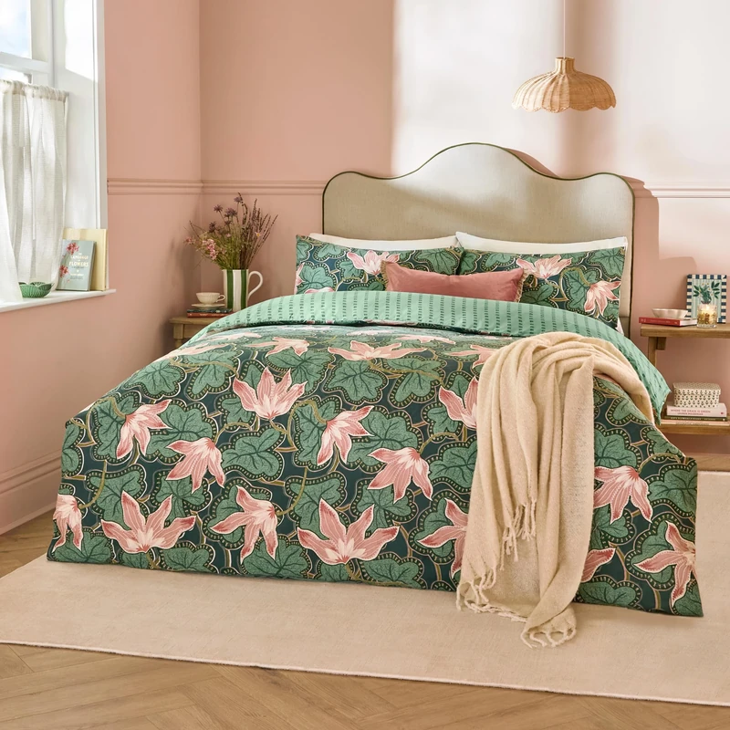 furn. Wylder Luella Duvet Cover Set – Reversible Floral and Stripe Cotton Blend Bedding with Oxford Trim (Juniper Green - Super King)