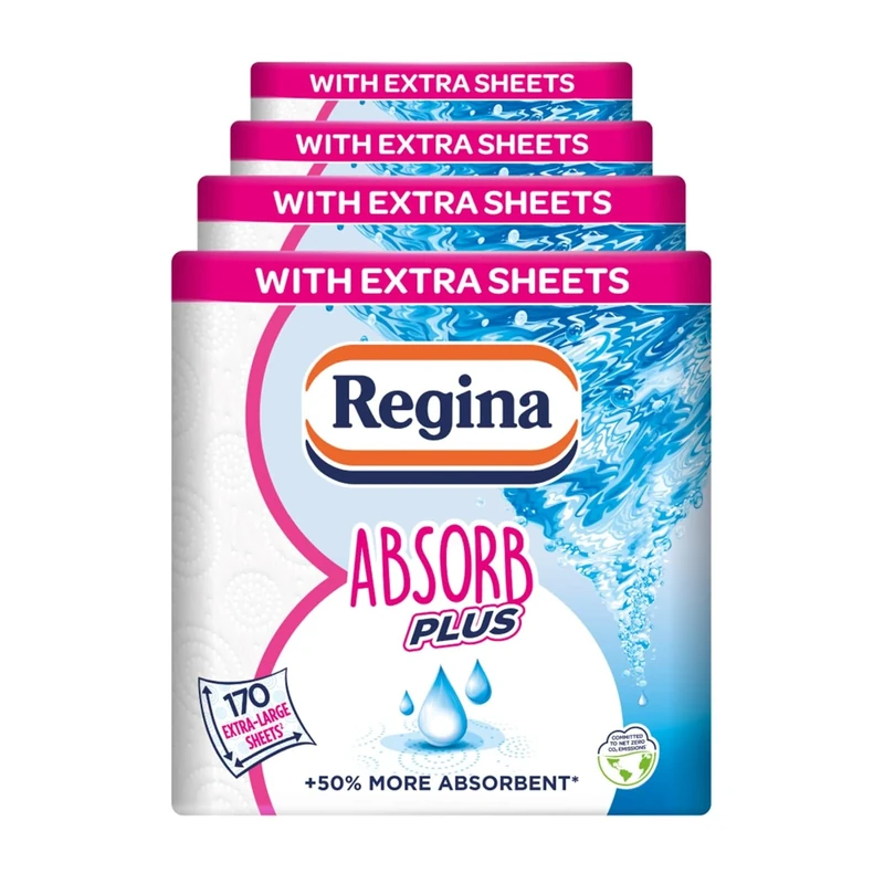 Regina Absorb Plus Kitchen Towels – 8 Super Absorbent 2-ply Kitchen Rolls, 85 Sheets Per Roll, Extra-Large Sheets, 50 Percent More Absorbent Than Previous XXL Products, Easy Open Pack
