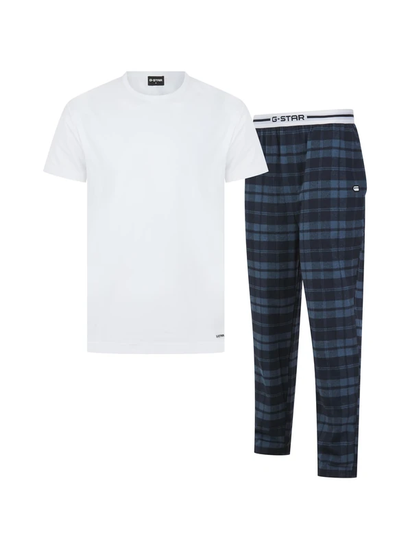G-STAR Men's Marlow Pajama Set, Bright White-Navy Check, M (Pack of 2)