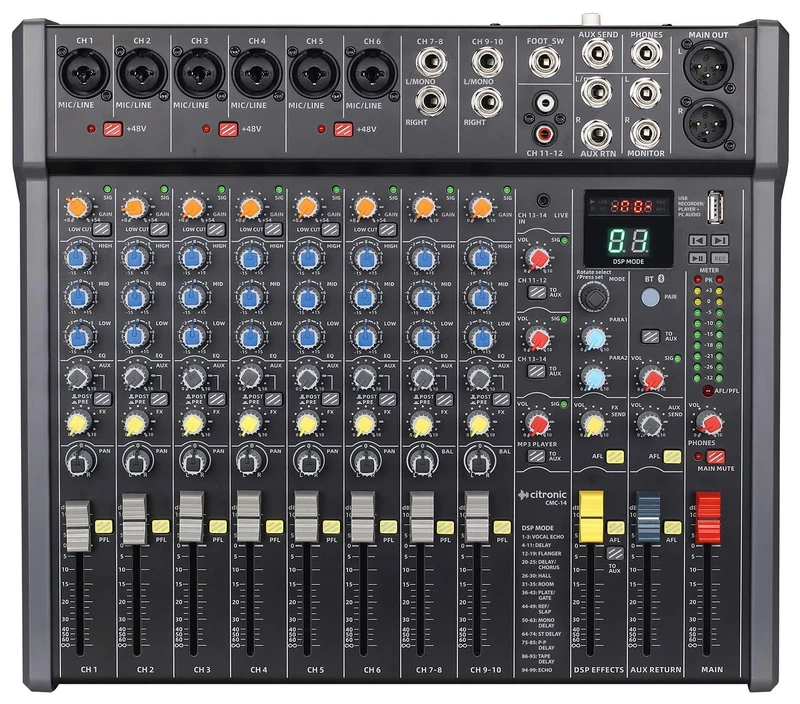 Citronic | CMC-14 Mixing Console with DSP Effects, USB/BT Player, XLR & Jack Inputs | Compact Professional Audio Mixer for Live Events, Recording & Studio Use
