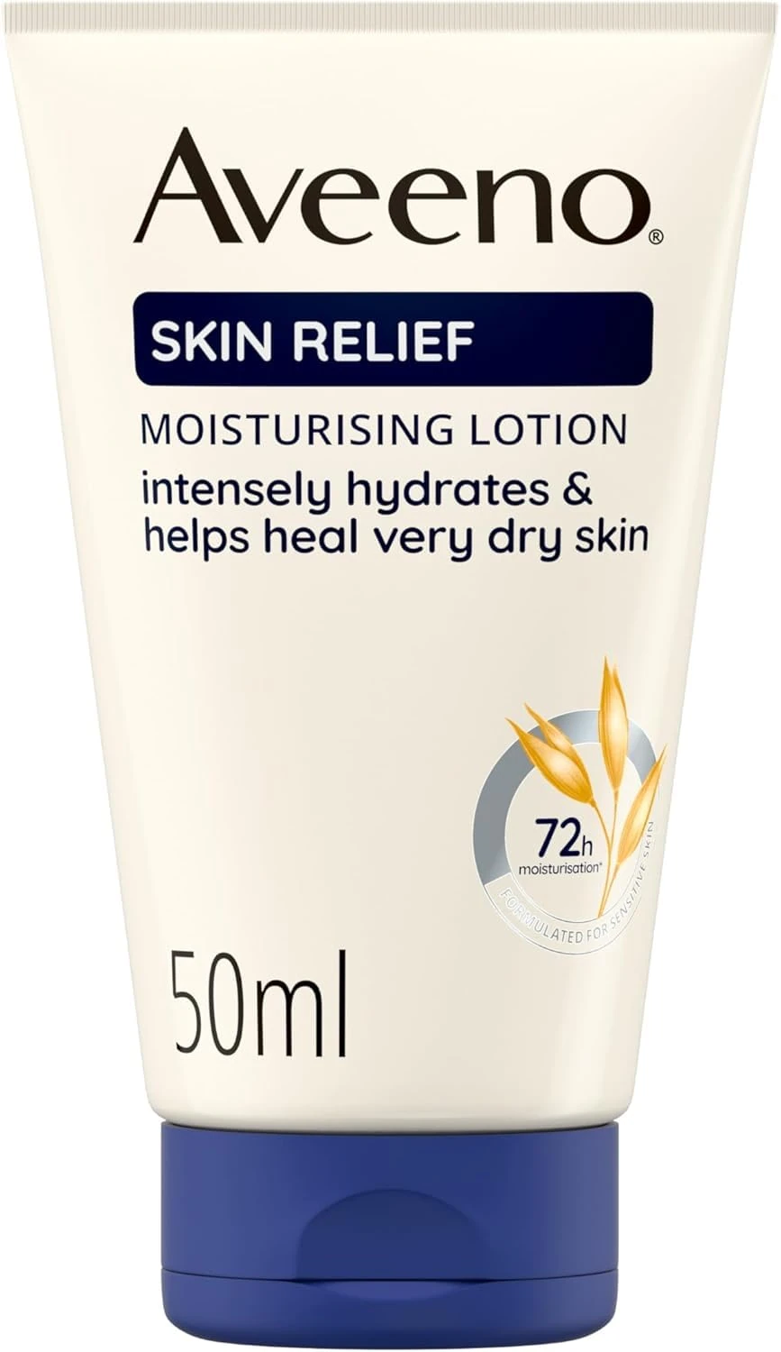 Aveeno Skin Relief Moisturising Lotion, With Soothing Triple Oat Complex & Shea Butter, Suitable For Sensitive Skin, 72-Hour Intense Hydration, Helps Relieve Very Dry and Tight Skin, Unscented, 50ml