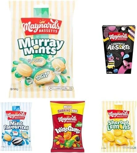Maynards Bassetts Old School Favourites Bulk Sweet Bundle, Includes 1 x Wine Gums 1 kg & 1 x Liquorice Allsorts 350 g & 12 x Sherbet Lemons 192 g & 12 x Murray Mints 193 g & 12 x Mint Favourites 192 g