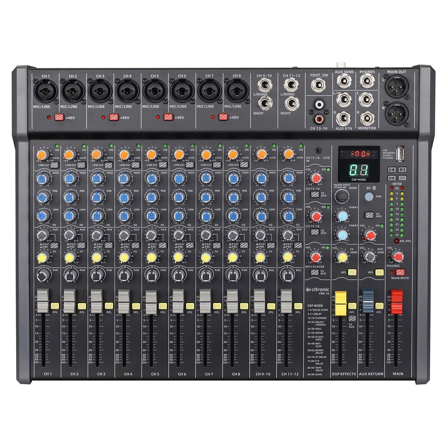 Citronic | CMC-16 Mixing Console with DSP Effects, USB/BT Player, XLR & Jack Inputs | Compact Professional Audio Mixer for Live Events, Recording & Studio Use