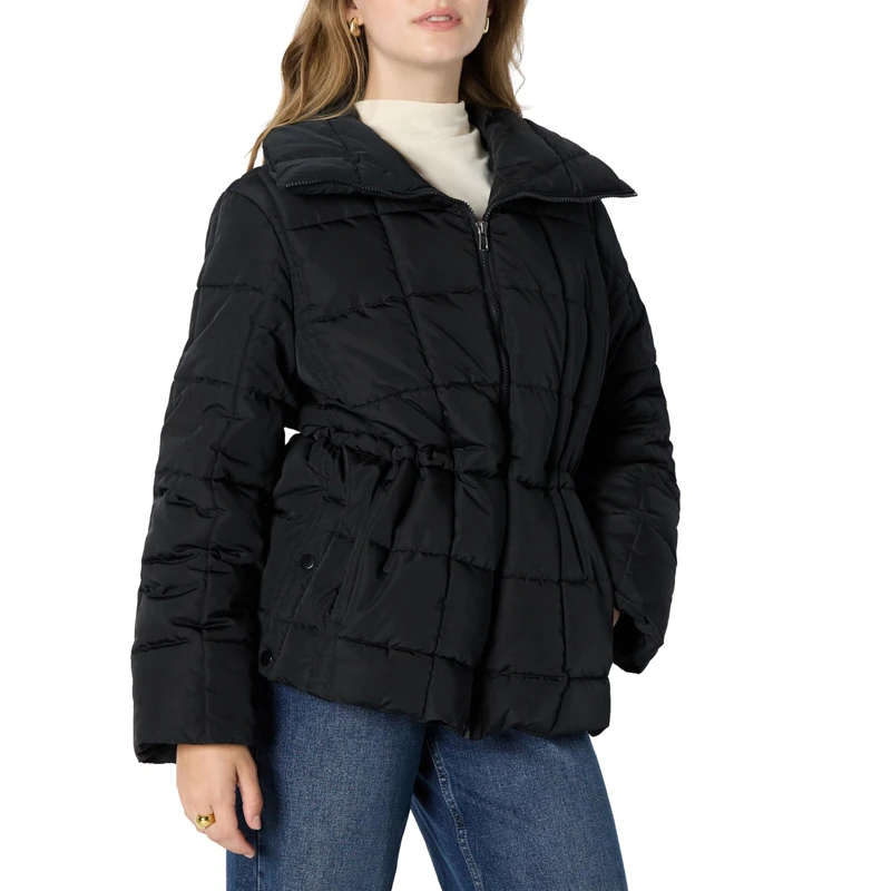 Amazon Essentials Women's (Demi's Pick) Oversized-Fit Square Quilted Puffer Jacket with Adjustable Waist, Black, XXS