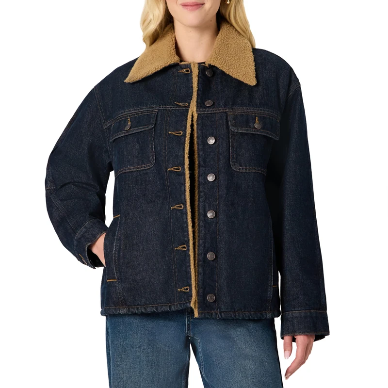 Amazon Essentials Women's Oversized-Fit Faux-Shearling Lined Denim Jacket, Rinse, S