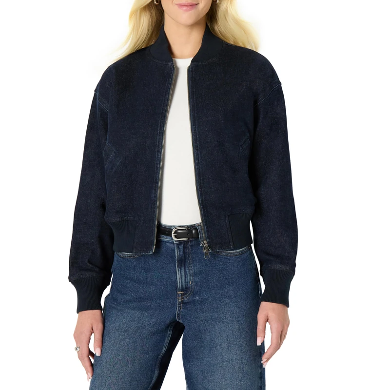 Amazon Essentials Women's Relaxed-Fit Denim Bomber Jacket, Rinse Denim, XXS