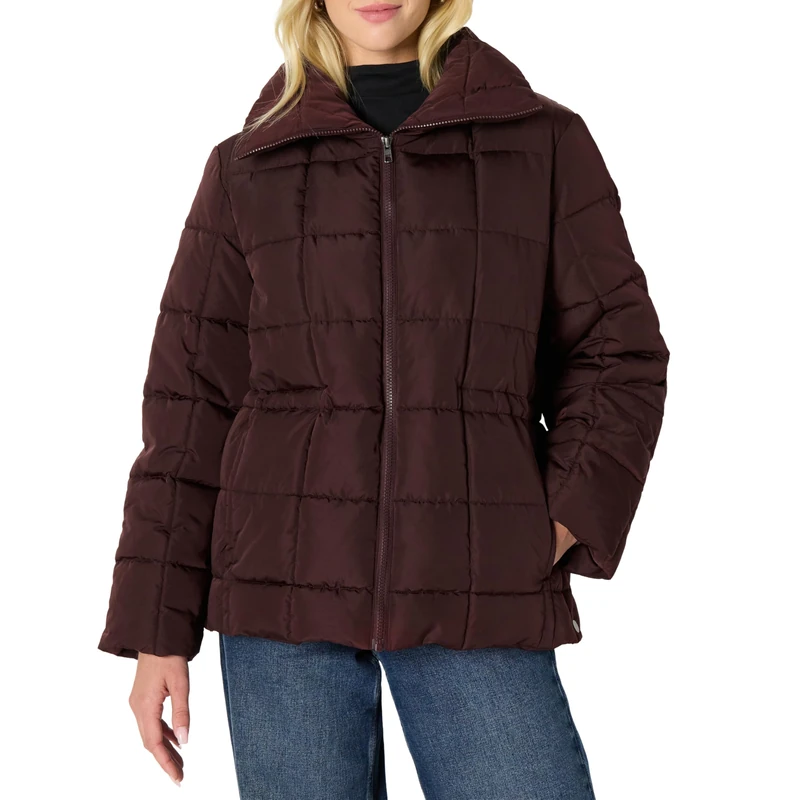Amazon Essentials Women's Oversized-Fit Square Quilted Puffer Jacket with Adjustable Waist, Dark Maroon, XL - Image 1