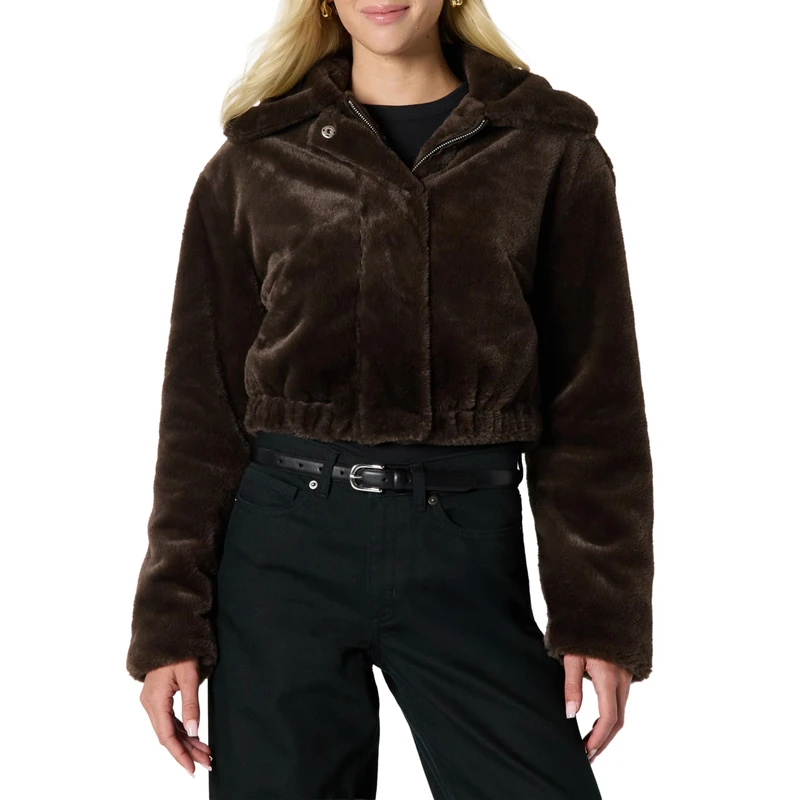 Amazon Essentials Women's (Demi's Pick) Oversized-Fit Cropped Faux Fur Jacket with Collar, Dark Brown, XS
