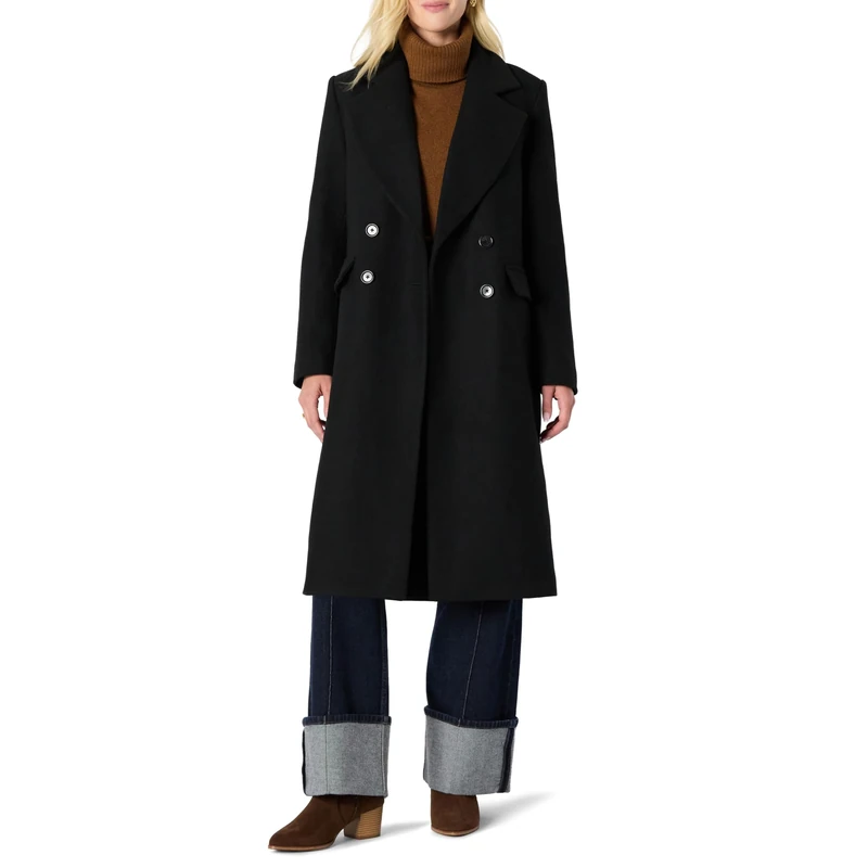 Amazon Essentials Women's (Demi's Pick) Relaxed-Fit Double-Breasted Wool-Blend Longline Coat, Black, XS
