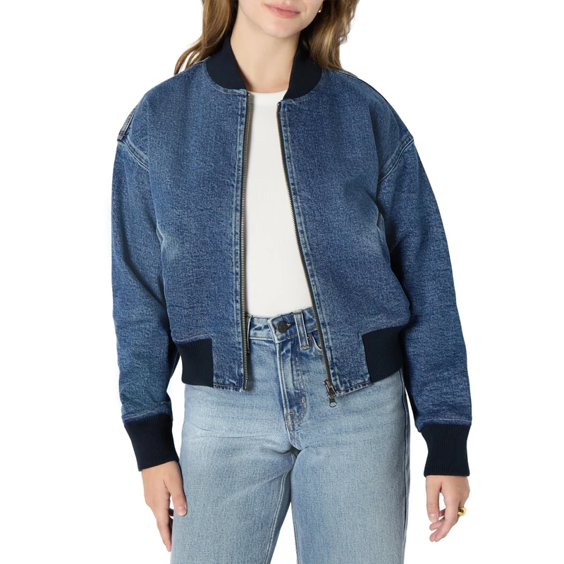 Amazon Essentials Women's Relaxed-Fit Denim Bomber Jacket, Medium Blue Vintage, XL