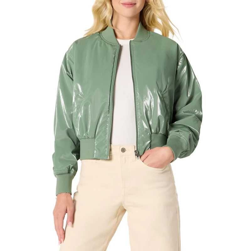 Amazon Essentials Women's Relaxed-Fit Denim Bomber Jacket, Sage Green, XXS