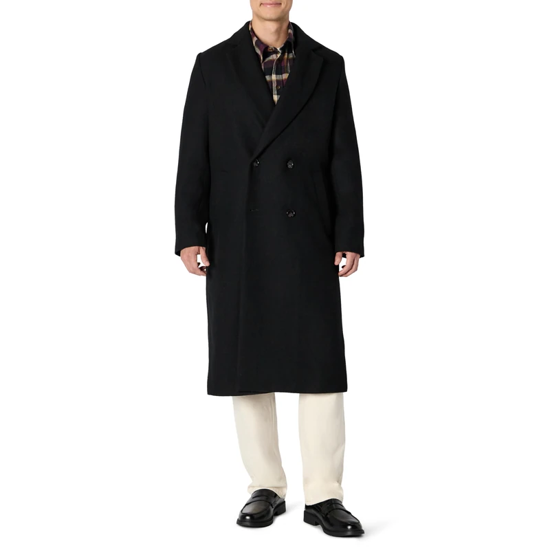 Amazon Essentials Men's (Demi's Pick) Relaxed-Fit Double-Breasted Wool Blend Longline Topcoat, Black, S