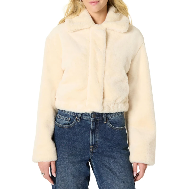 Amazon Essentials Women's (Demi's Pick) Oversized-Fit Cropped Faux Fur Jacket with Collar, Cream, XXS