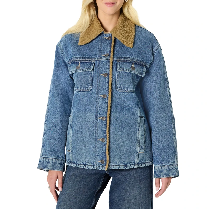 Amazon Essentials Women's Oversized-Fit Faux-Shearling Lined Denim Jacket, Medium Blue Vintage, S