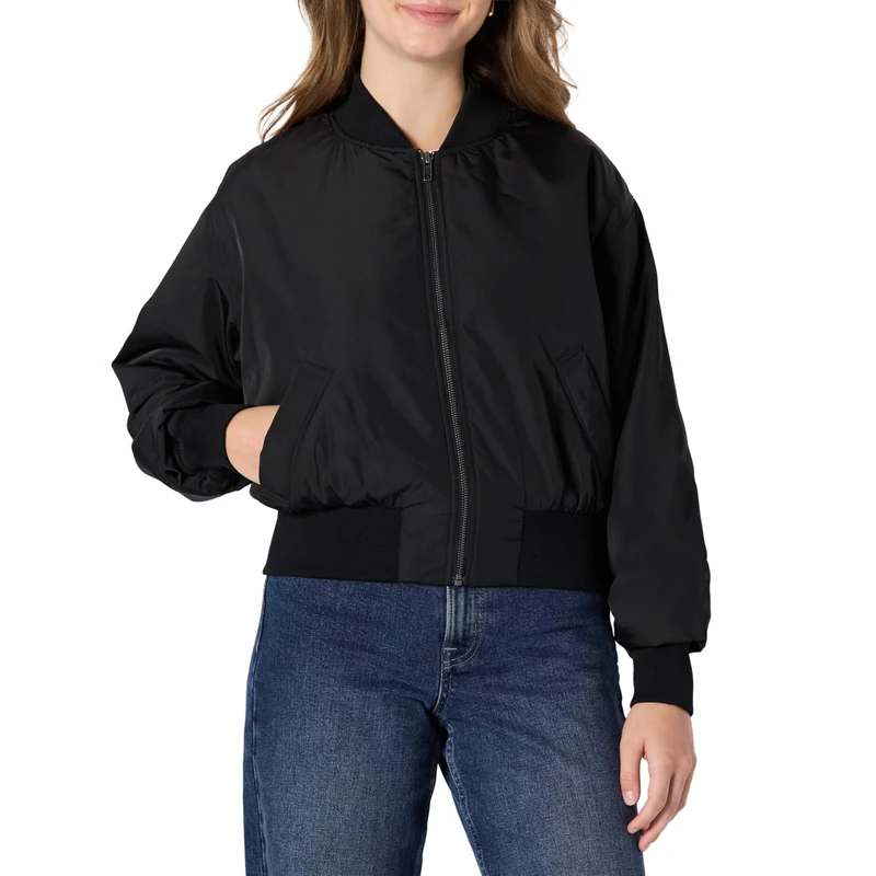 Amazon Essentials Women's Relaxed-Fit Denim Bomber Jacket, Black, M