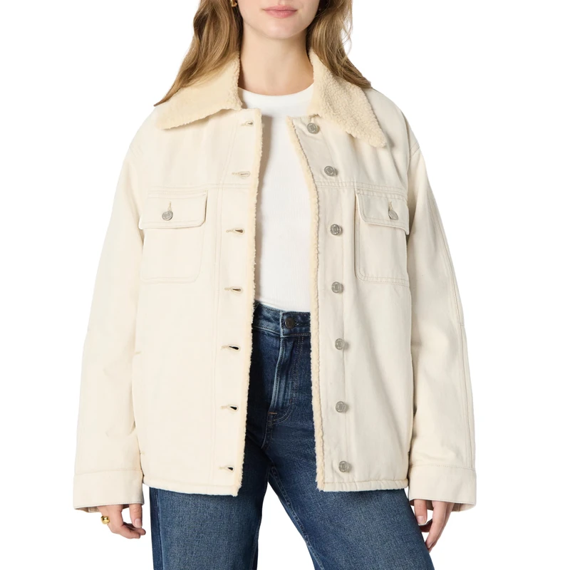 Amazon Essentials Women's (Demi's Pick) Oversized-Fit Faux-Shearling Lined Denim Jacket, Ecru, XXS - Image 1
