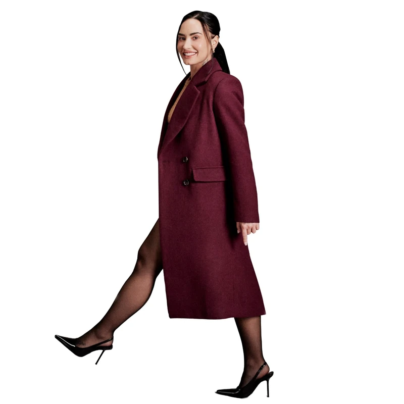 Amazon Essentials Women's (Demi's Pick) Relaxed-Fit Double-Breasted Wool-Blend Longline Coat, Burgundy, XS