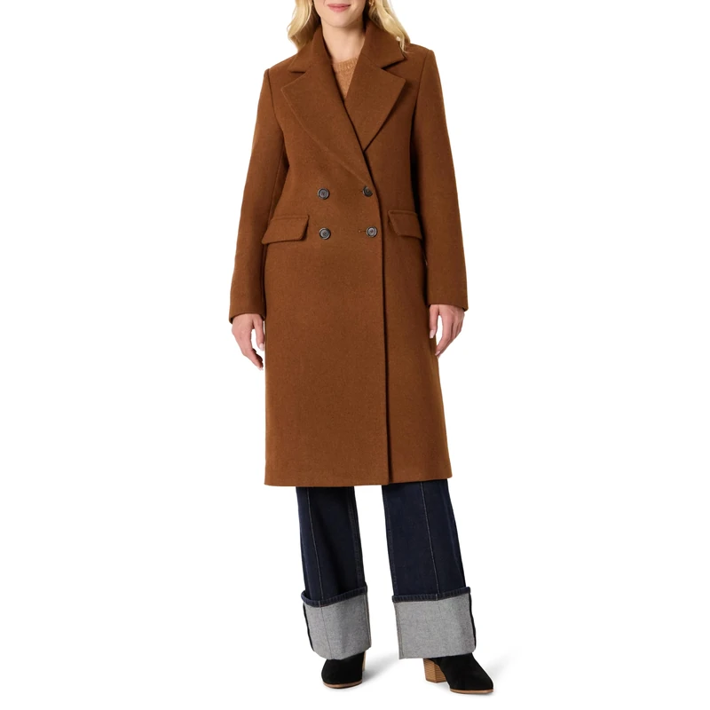 Amazon Essentials Women's (Demi's Pick) Relaxed-Fit Double-Breasted Wool-Blend Longline Coat, Caramel Heather, XS