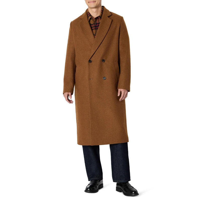 Amazon Essentials Men's (Demi's Pick) Relaxed-Fit Double-Breasted Wool Blend Longline Topcoat, Caramel Heather, M