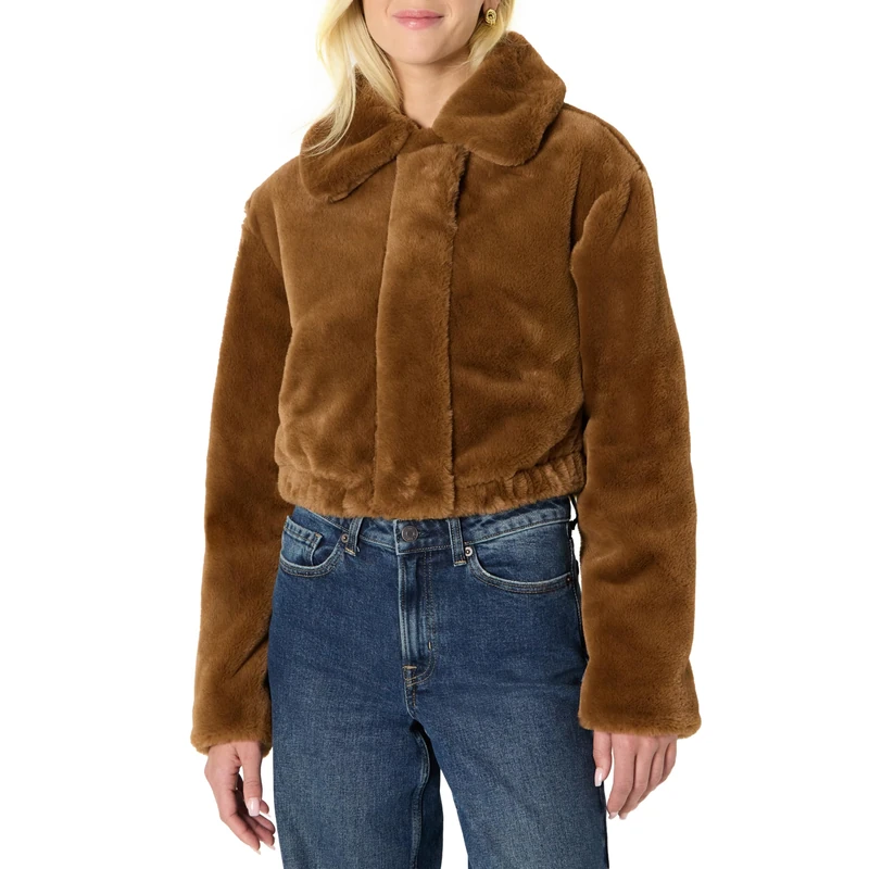 Amazon Essentials Women's Oversized-Fit Cropped Faux Fur Jacket with Collar, Brown, XXL