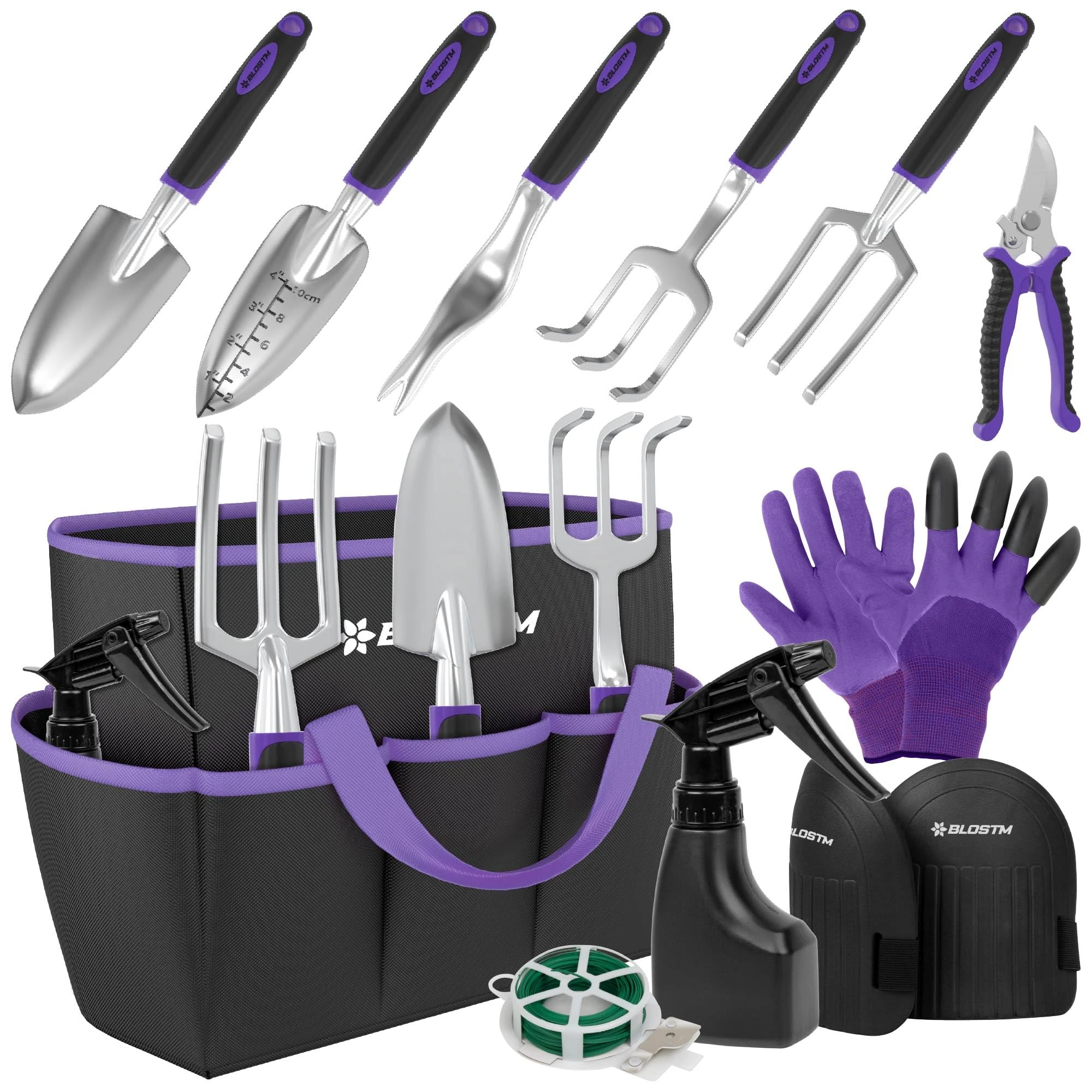 BLOSTM Gardening Tools Set 11 PCS - Heavy Duty Garden Tools Kit with Waterproof Tote Bag - Rust Proof Garden Trowel Set with Ergonomic Handles - Gardening Gifts for Men & Women (Purple/Black)