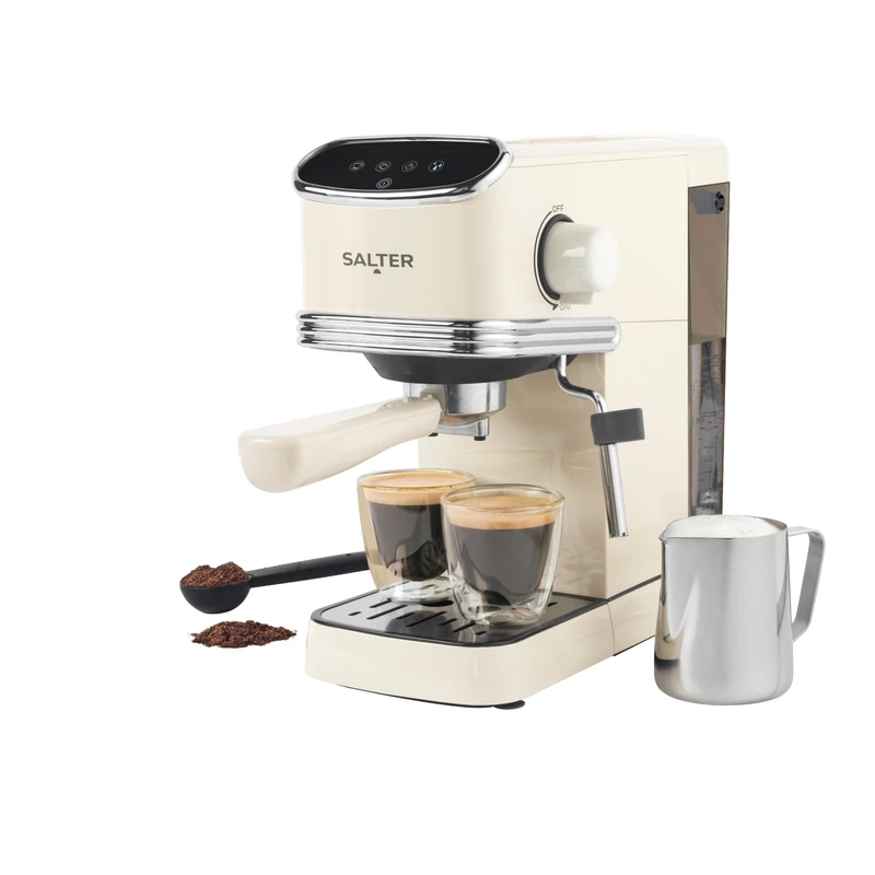 Salter Retro Cream Espresso Machine – Coffee Machine with Milk Frothing Wand, Cappuccino/Latte, 20-Bar Pressure Pump, 1.35L Water Tank, Ground Coffee, Single/Double, Digital LED Display, 1350W