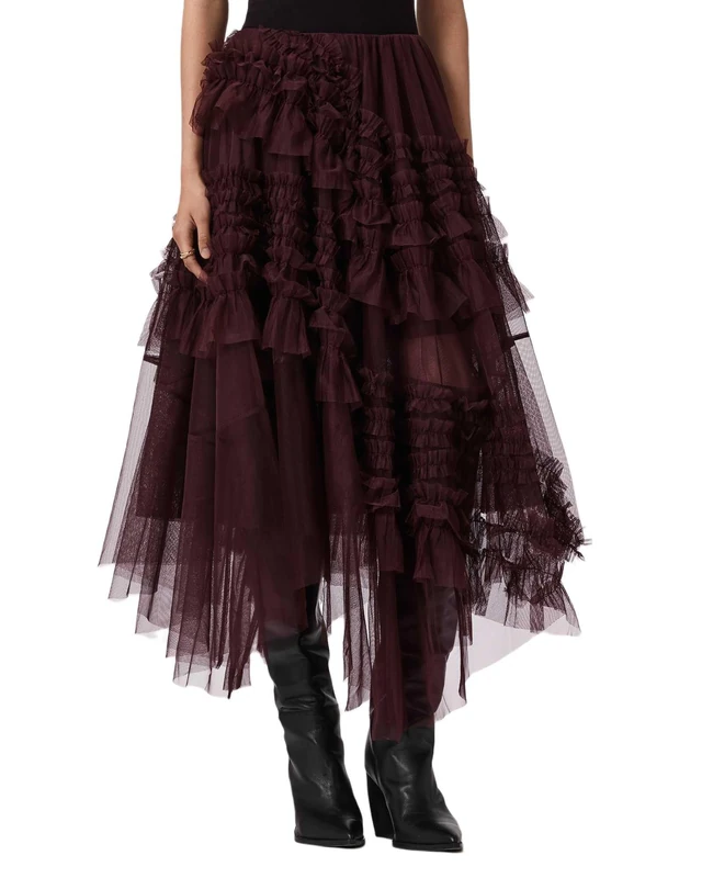 Allsaints Women's Jen Tulle Skirt, Oxblood Red, 4