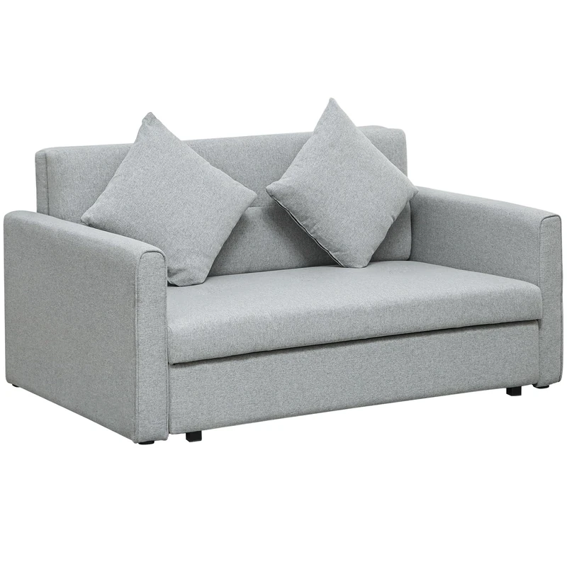 HOMCOM 2 Seater Sofa Bed with Hidden Storage, Pull Out Convertible Bed Settee, Modern Linen Loveseat Sofa Sleeper with 2 Cushions for Living Room, Guest Room, Light Grey