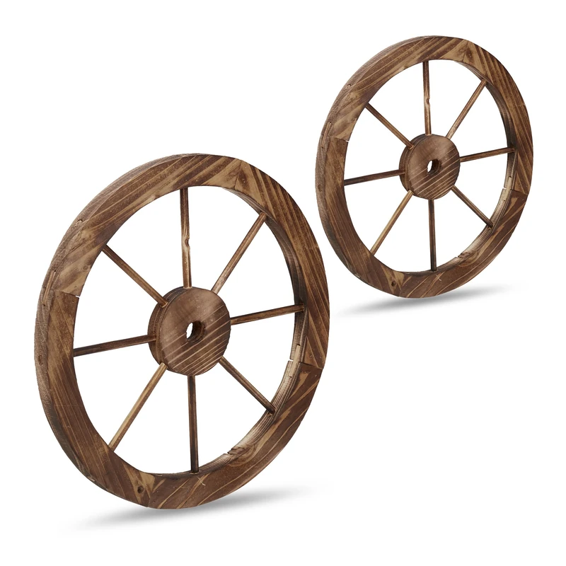 Relaxdays wooden wagon wheel, 2-piece set, decor for garden, patio, veranda, rustic spoked wheel, saloon, western, brown