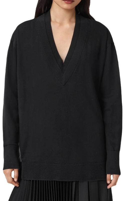 Allsaints Women's Bern Panel V Neck Sweater, Black, M