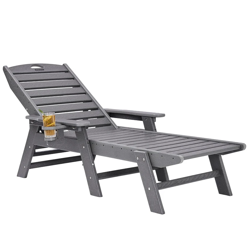 VEVOR Chaise Lounge Chair, 400 lbs Weight Capacity, 6 Positions Adjustable Patio Lounge Chair, Outdoor HDPE Lounge Chair with Backrest & Cup Holder, for Pool Poolside Deck Backyard Lawn, Gray - Image 1