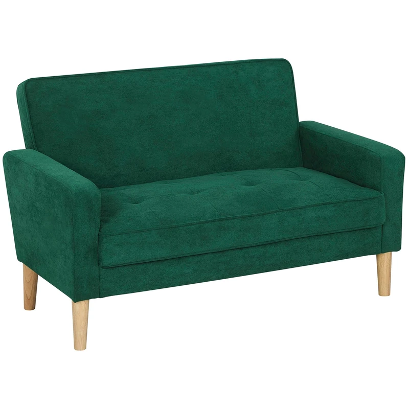 HOMCOM 2 Seater Sofa, Modern Velvet-Feel Sofa with Rubber Wood Legs, Upholstered Tufted Loveseat for Small Space, Living Room, Bedroom, Home Office, Green
